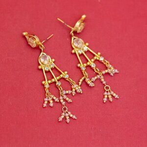 Vintage Gold Tone Multi Rhinestones Gold Tone Umbrella Dangle Earrings - F49